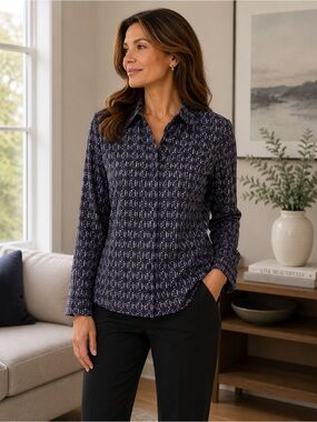 Christopher & Banks Womens PS Button Up Shirt Purple Geometric Stretch Top